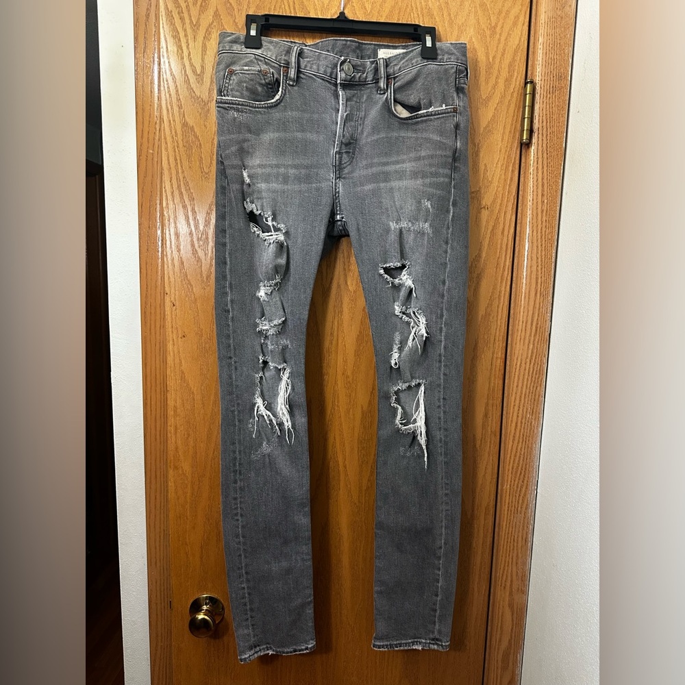 AllSaints Extremely Distressed Skinny Gray Denim Jeans
